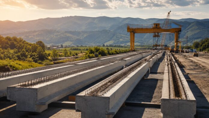 Imagine ChatGPT pentru articolul: Autostrada A1 Margina – Holdea: a început producția de grinzi pe șantier