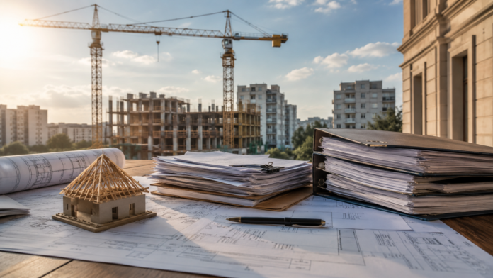 Ilustratie editoriala simbolica despre constructii, autorizatii si documente urbanistice