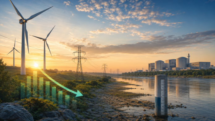Ilustrație editorială despre energie eoliană, importuri și sistemul energetic românesc