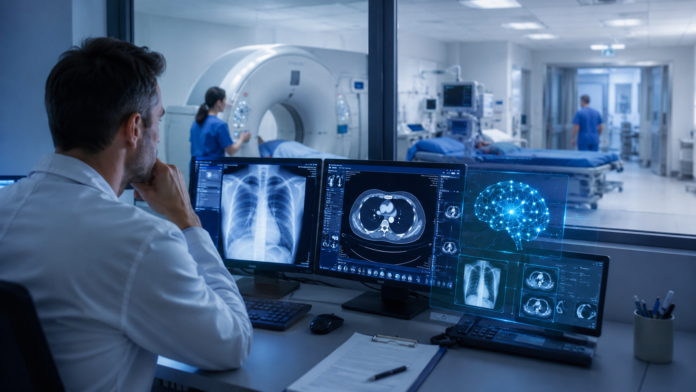 Ilustratie editoriala simbolica despre radiologie si analiza imaginilor medicale cu inteligenta artificiala